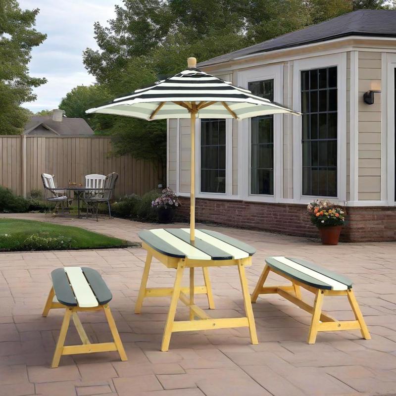 Kids Outdoor Table And Chairs With Umbrella - Playful Picnic Table with Umbrella, Indoor/Outdoor