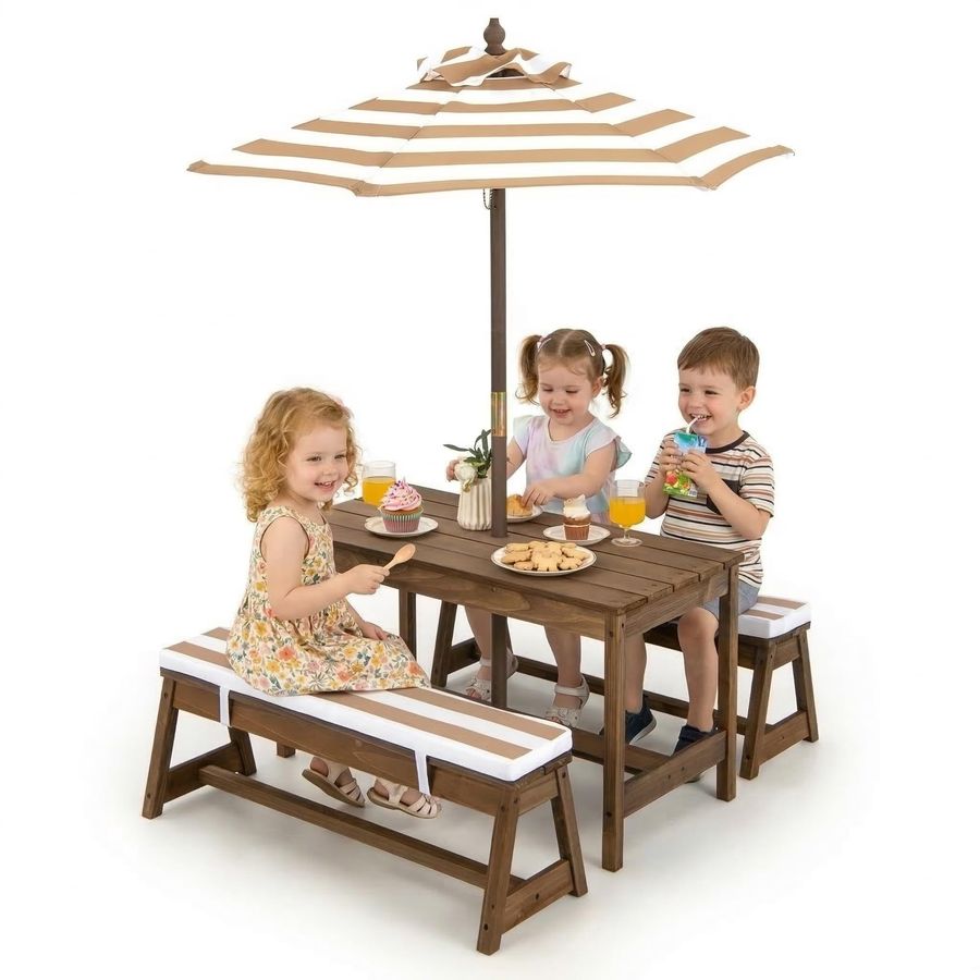 Kids Outdoor Table And Chairs With Umbrella - Kids Picnic Table, Toddler Wood Table
