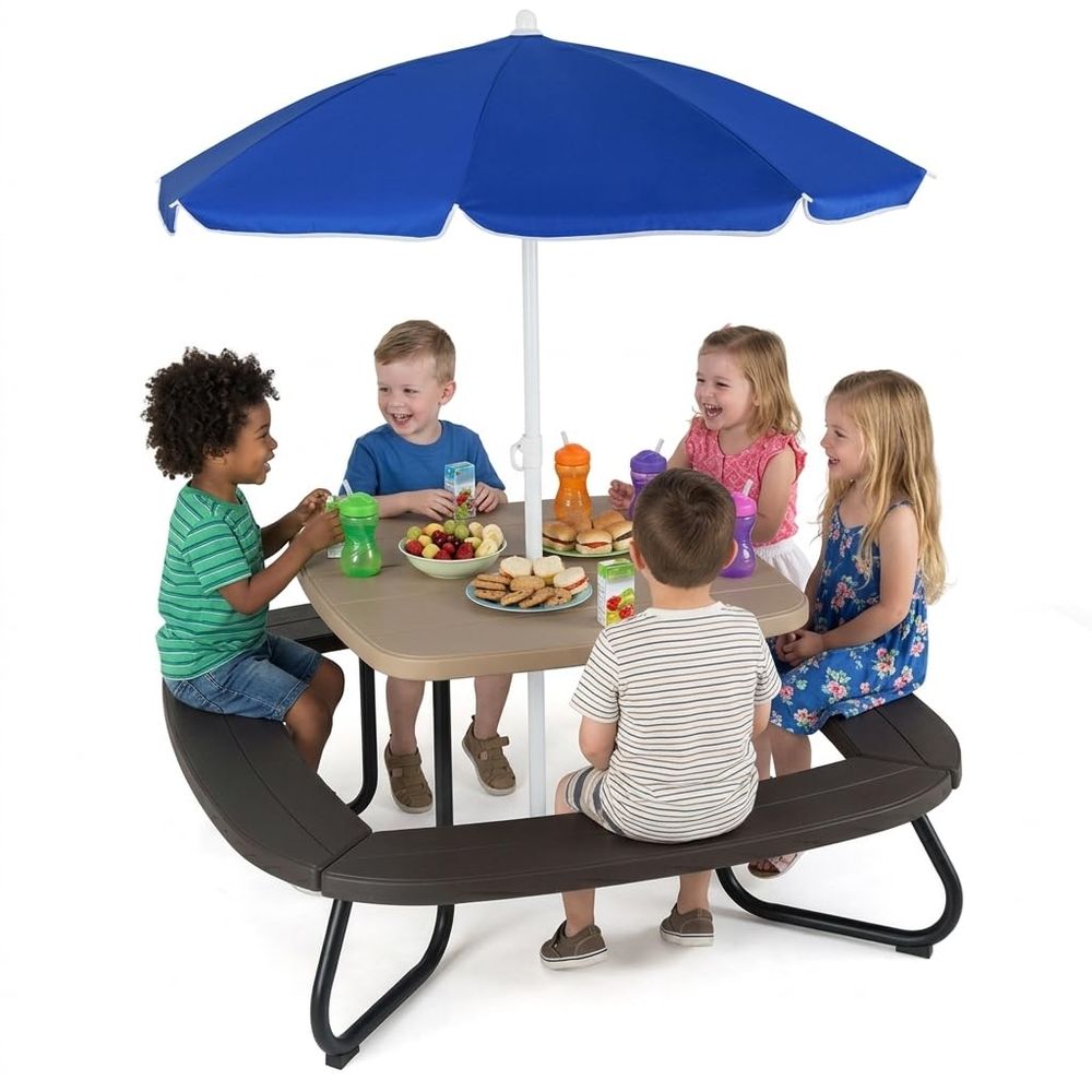 Kids Outdoor Table And Chairs With Umbrella - Kids Picnic Table, 8 Person Kids