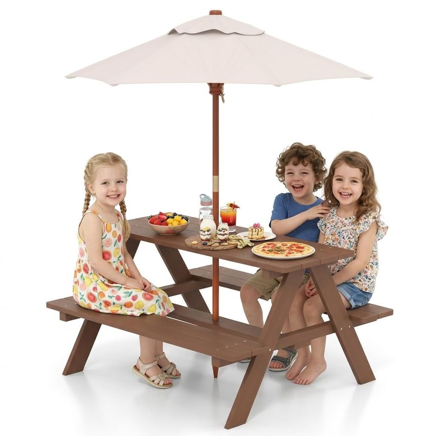 Kids Outdoor Table And Chairs With Umbrella - Kids Picnic Table, Fir Wood Kids
