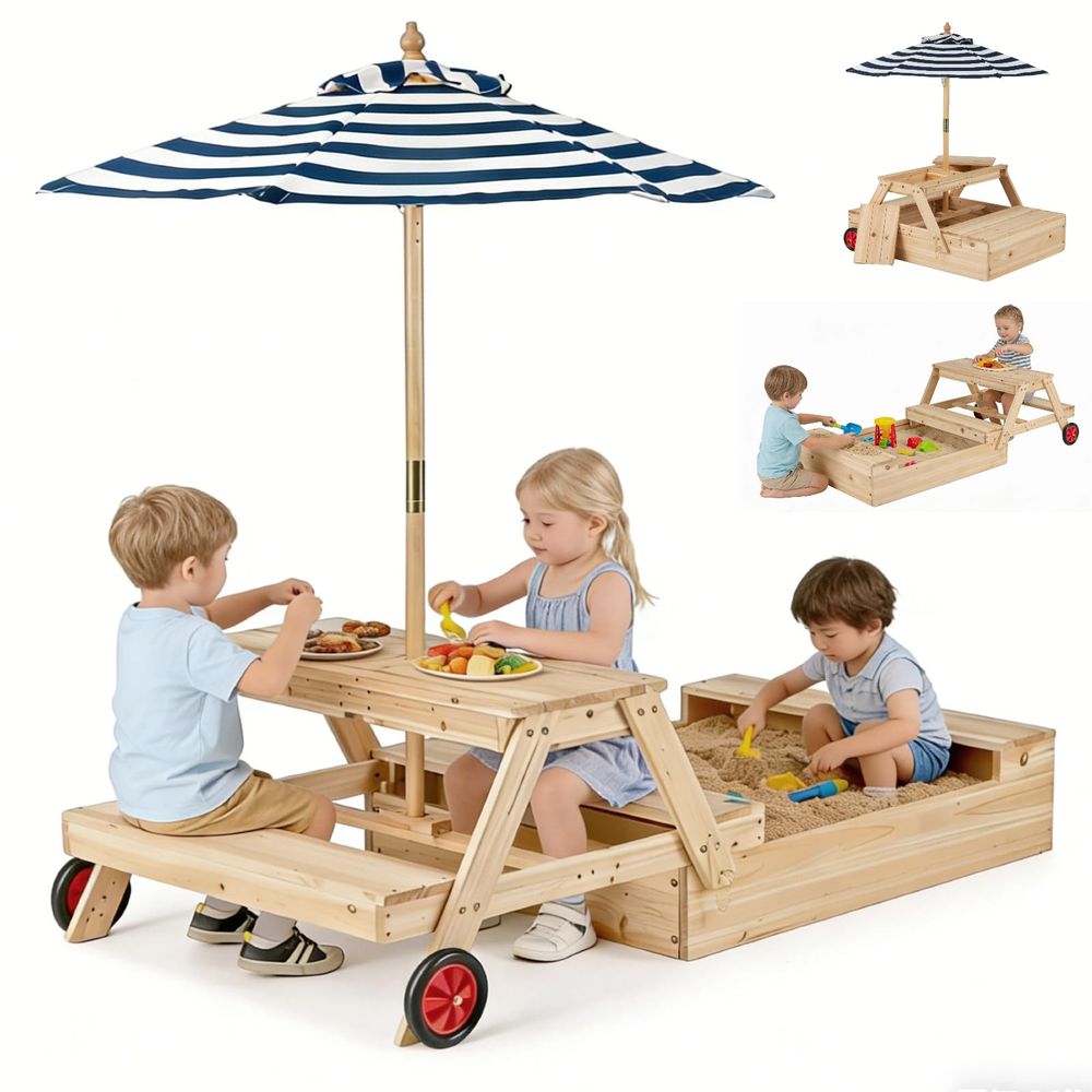 Kids Outdoor Table And Chairs With Umbrella - Kids Picnic Table with Sandbox, Fir