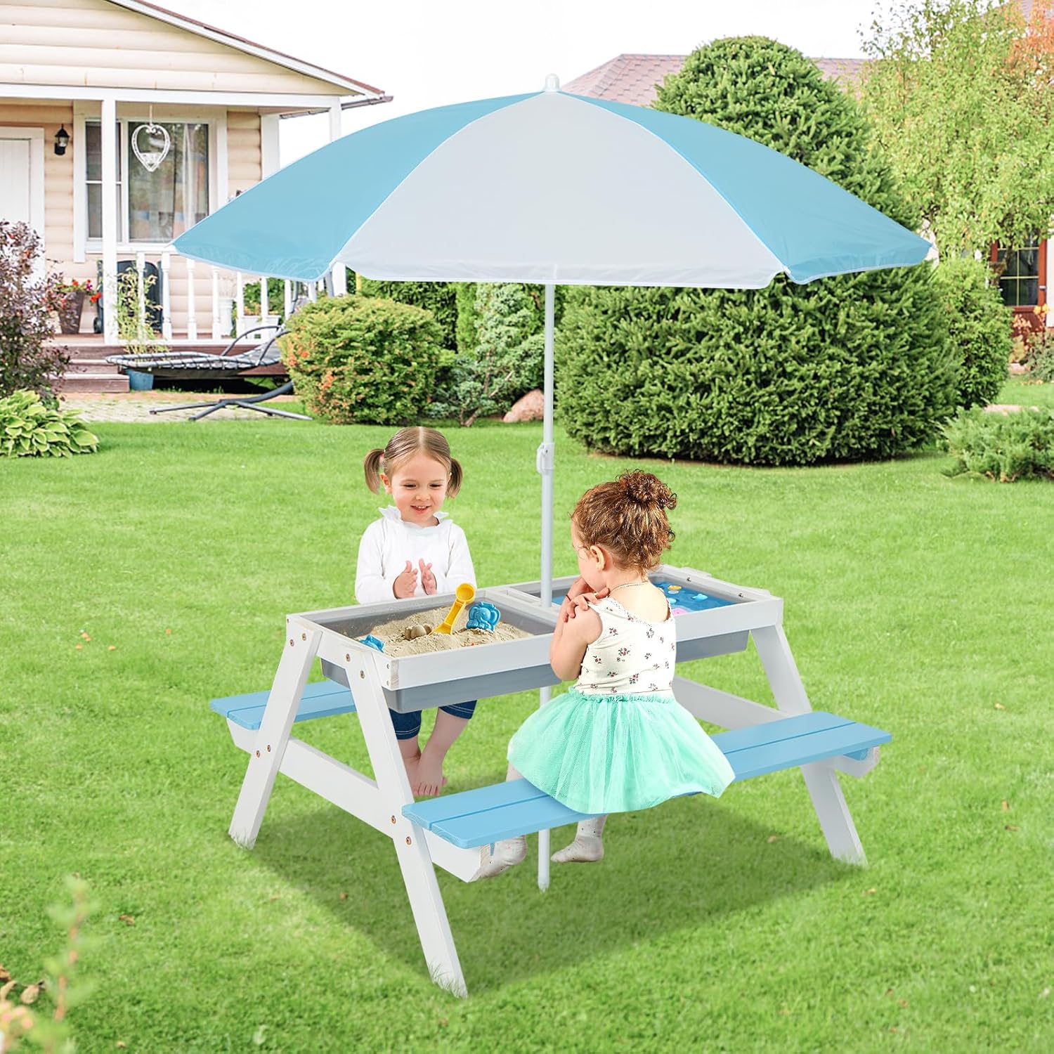 Kids Picnic Table, 4 in 1 Outd - Kids Outdoor Table And Chairs With Umbrella recension och pris