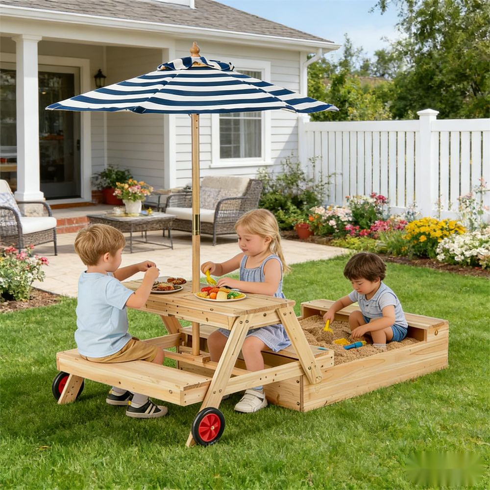 Kids Picnic Table with Sandbox - Kids Outdoor Table And Chairs With Umbrella recension och pris