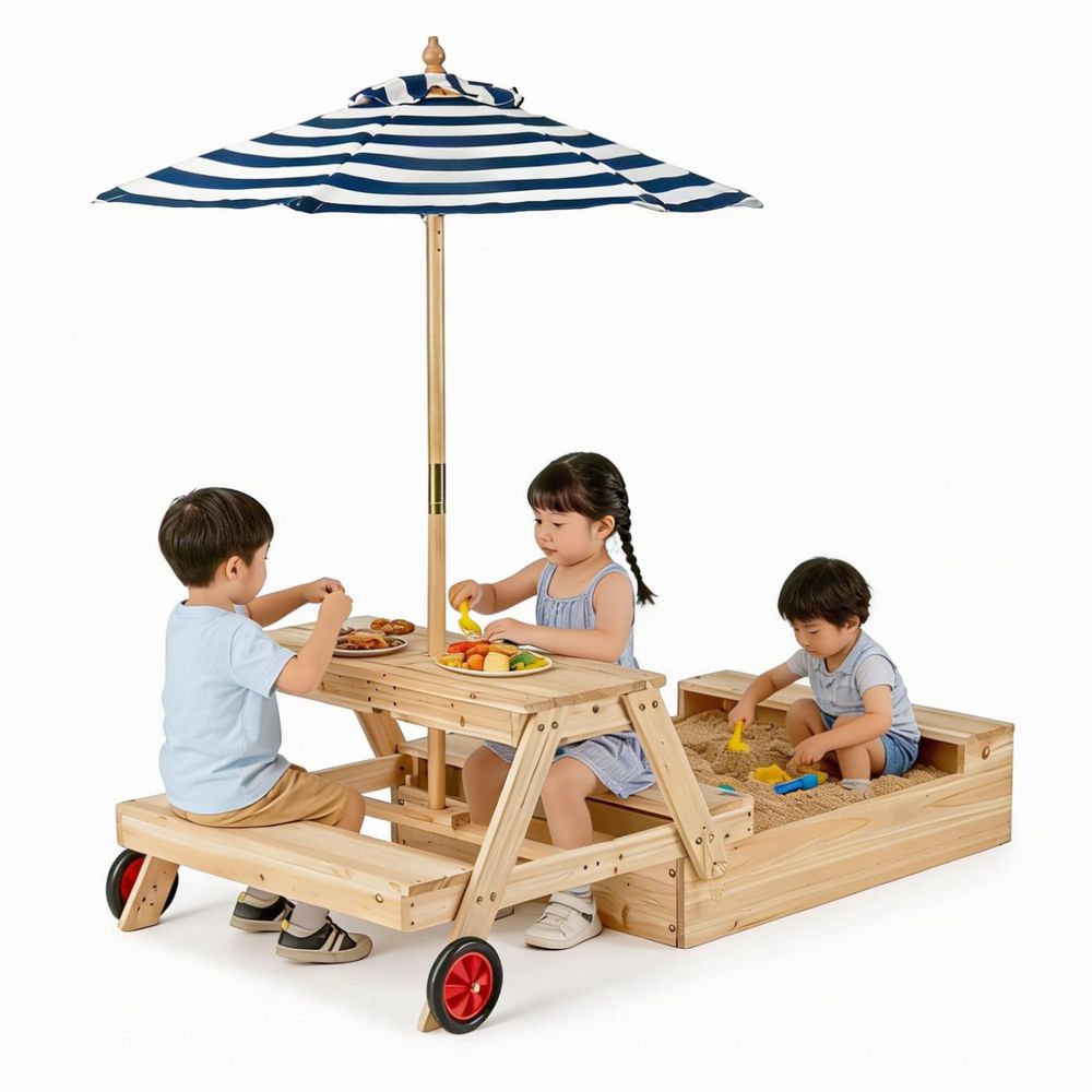 Kids Picnic Table with Sandbox - Kids Outdoor Table And Chairs With Umbrella recension och pris