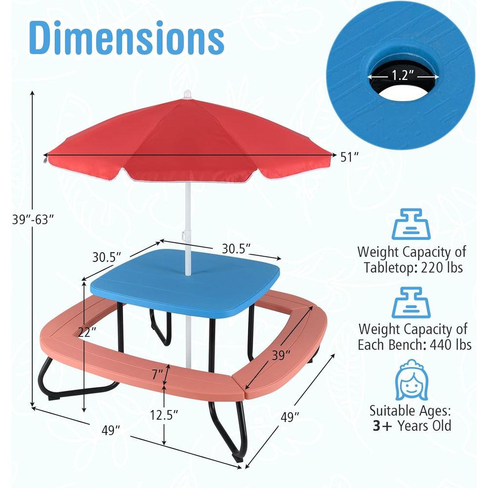 Kids Picnic Table, 8 Person To - Kids Outdoor Table And Chairs With Umbrella recension och pris